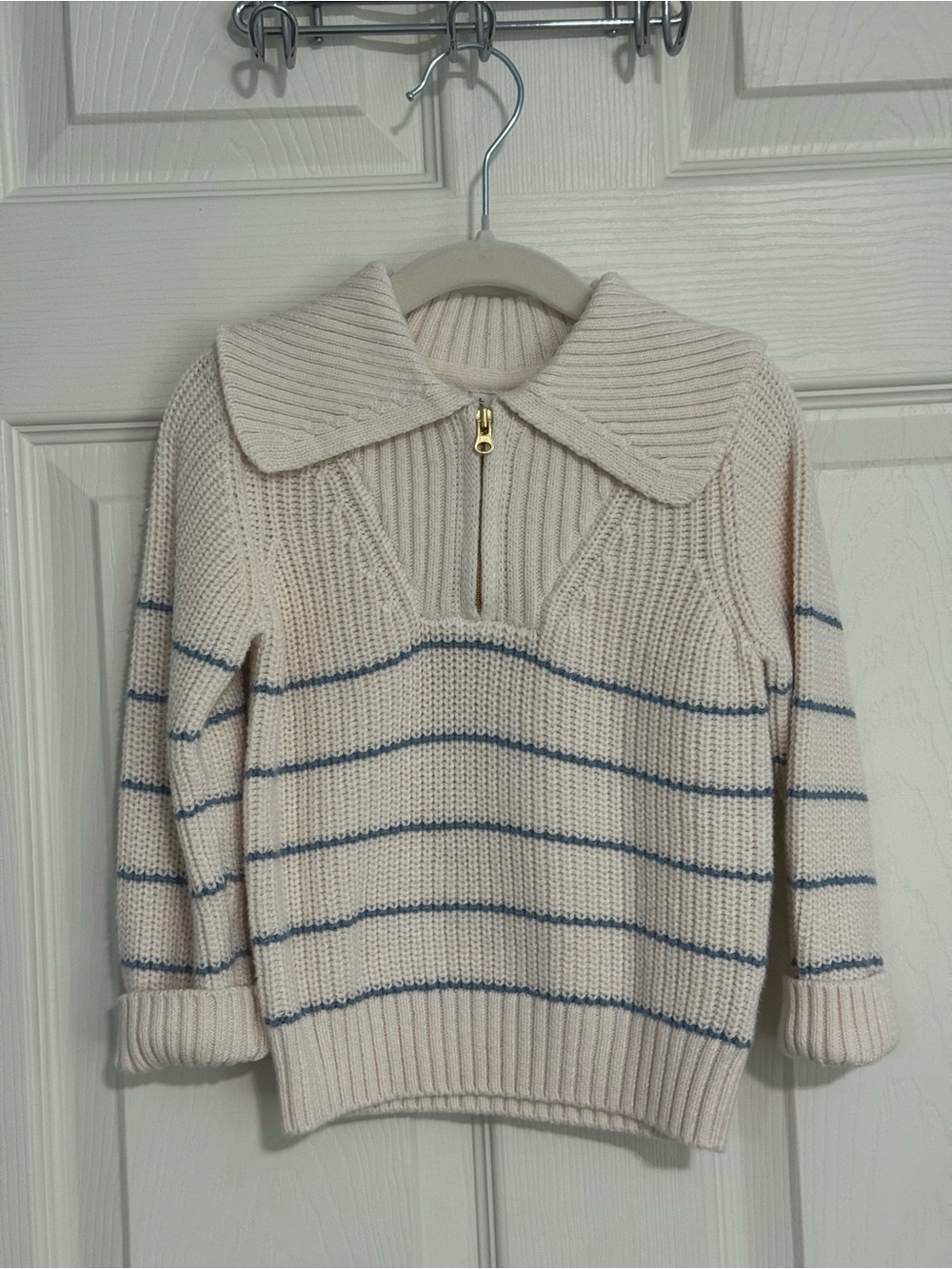 Janie and Jack Cream Knit Zip-Collar Sweater with Blue Stripes
